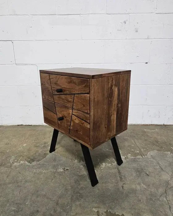 Table d'appoint style Mid-Century en bois D'Acacia avec 2 tiroirs