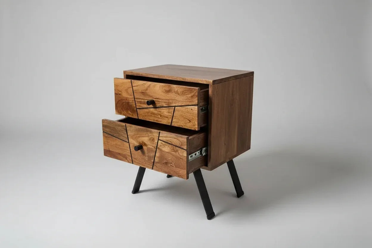 Table d'appoint style Mid-Century en bois D'Acacia avec 2 tiroirs
