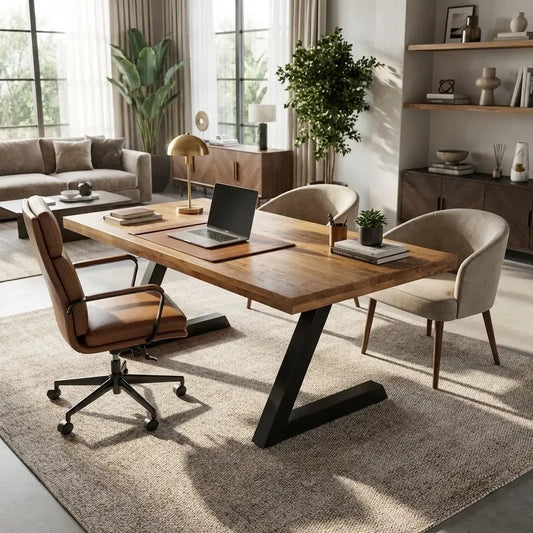 Table ou bureau en bois de manguier et patte en L acier noir