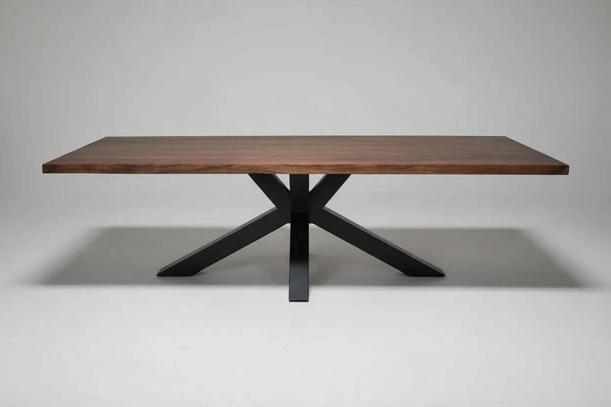 Table à diner patte Spider noir mat avec plateau en bois d'acacia brun