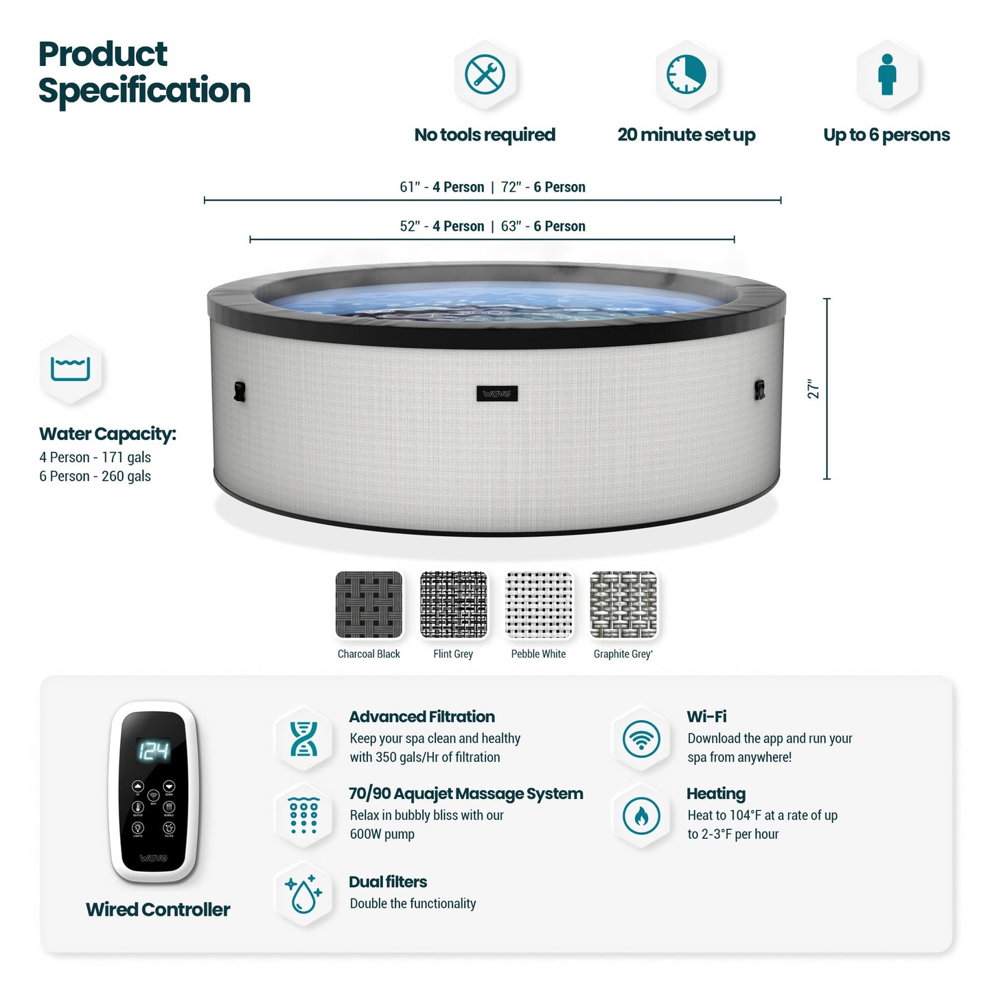 Wave | Tahoe | 4/6-Person Eco Foam Hot Tub | Round | Built-In Integrated Heater
