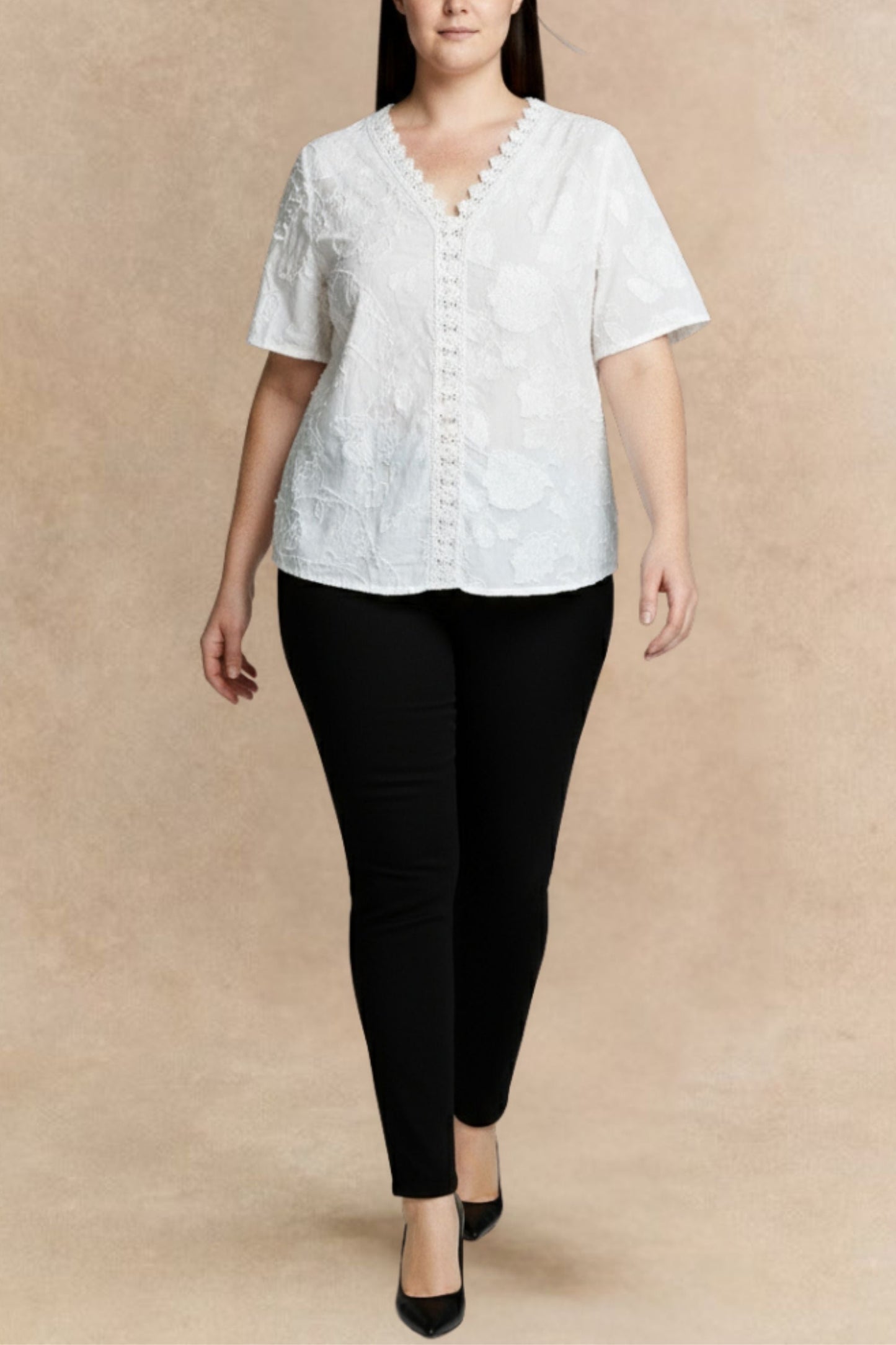 Lucie Embroidered V-Neck Blouse Lace Trim Flutter Sleeves Women