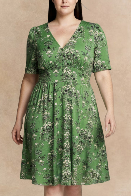 Talia Green Floral Fit and Flare Dress Flowy Sleeves