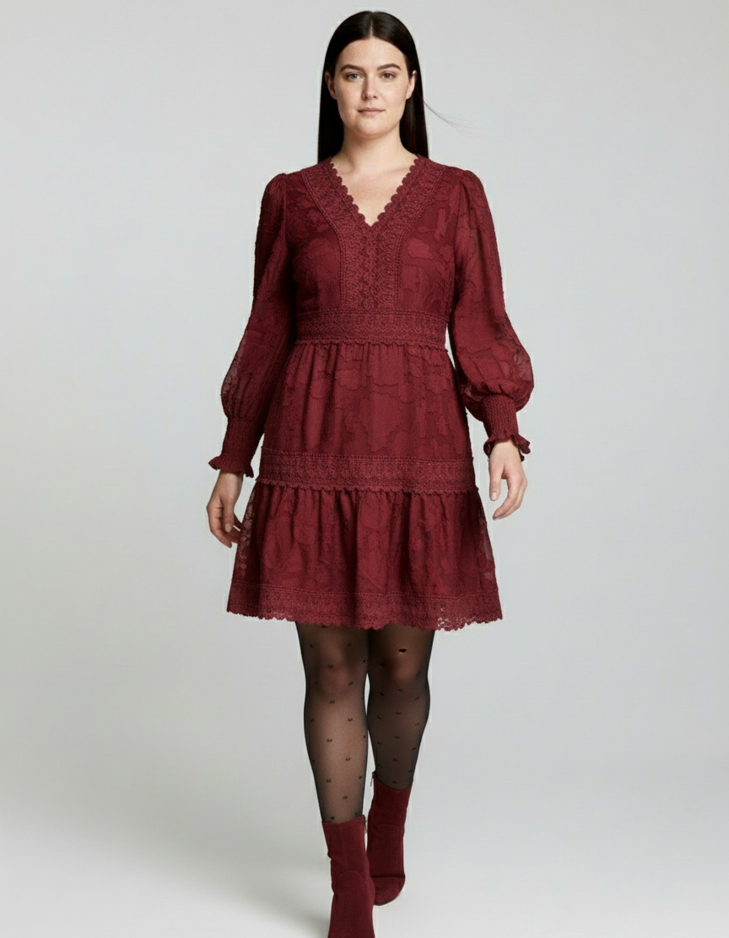 Edith Floral Lace Boho Mini Dress Long Sleeves V-Neck Detailing