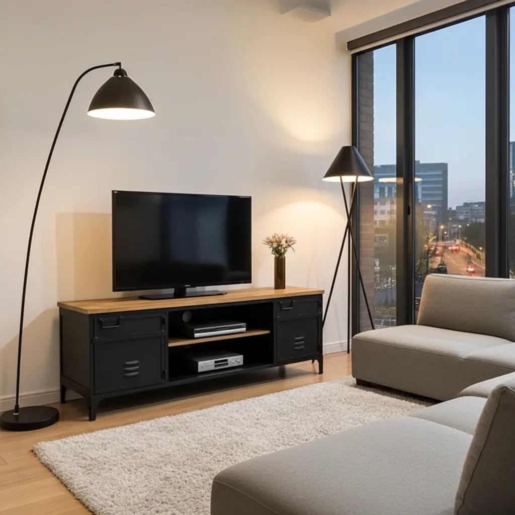 Meuble télé industriel en acier noir style casier dessus en bois de manguier