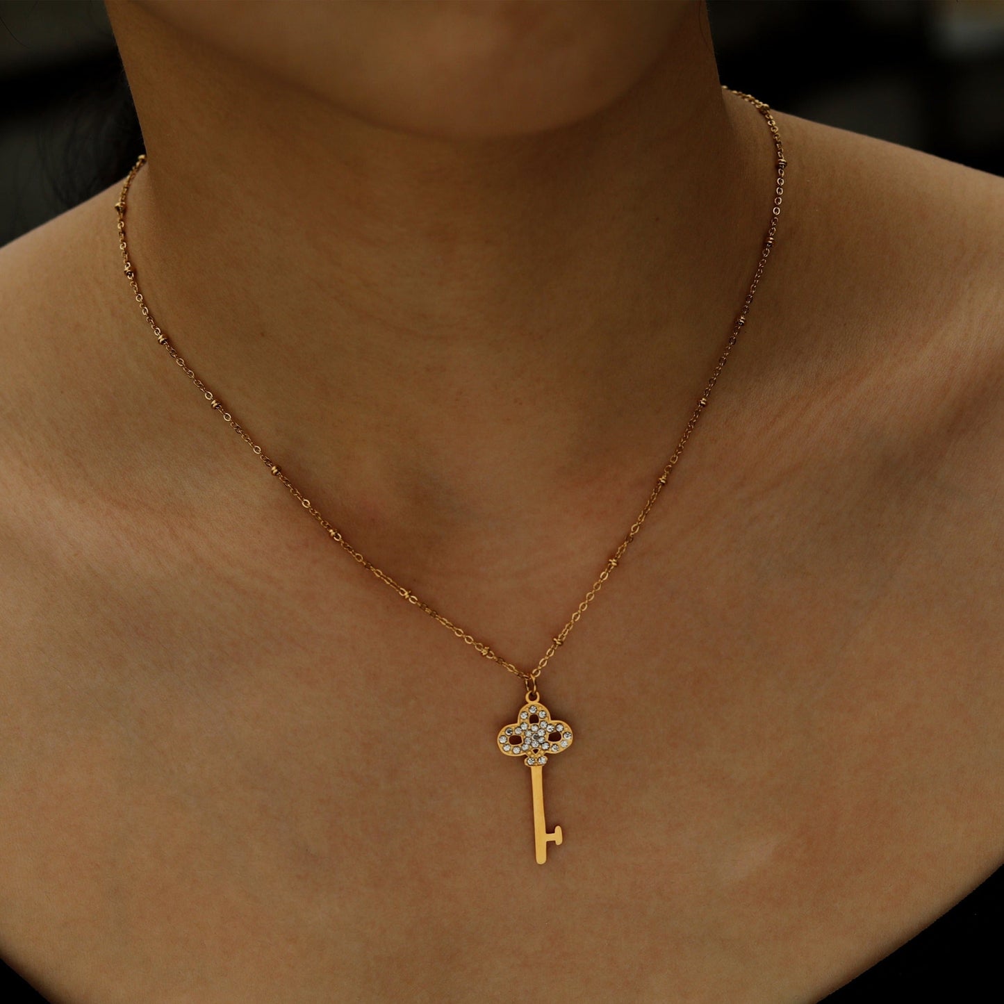 UNLOK Beaded Gold Chain with Zirconia Embellished Key Pendant