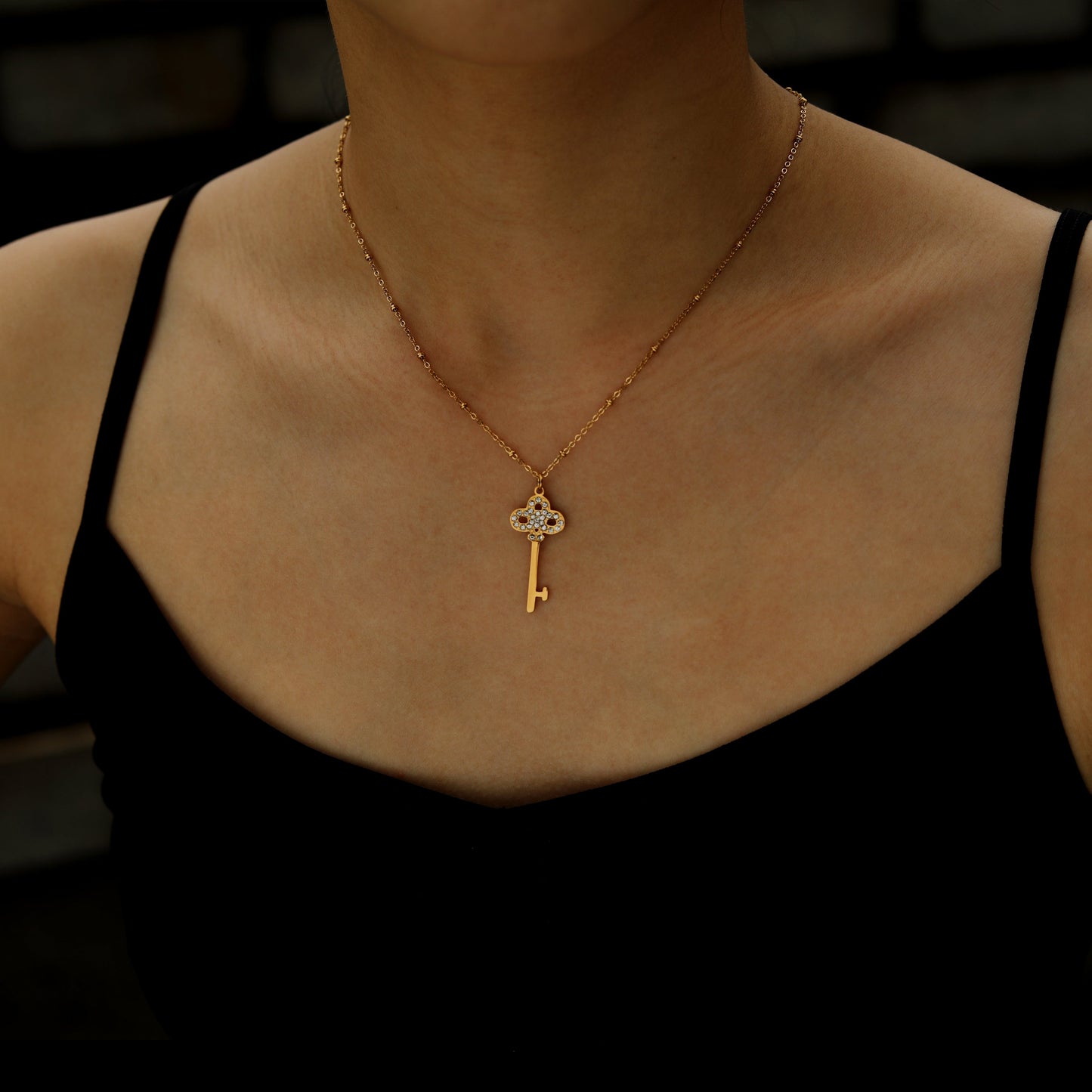 UNLOK Beaded Gold Chain with Zirconia Embellished Key Pendant