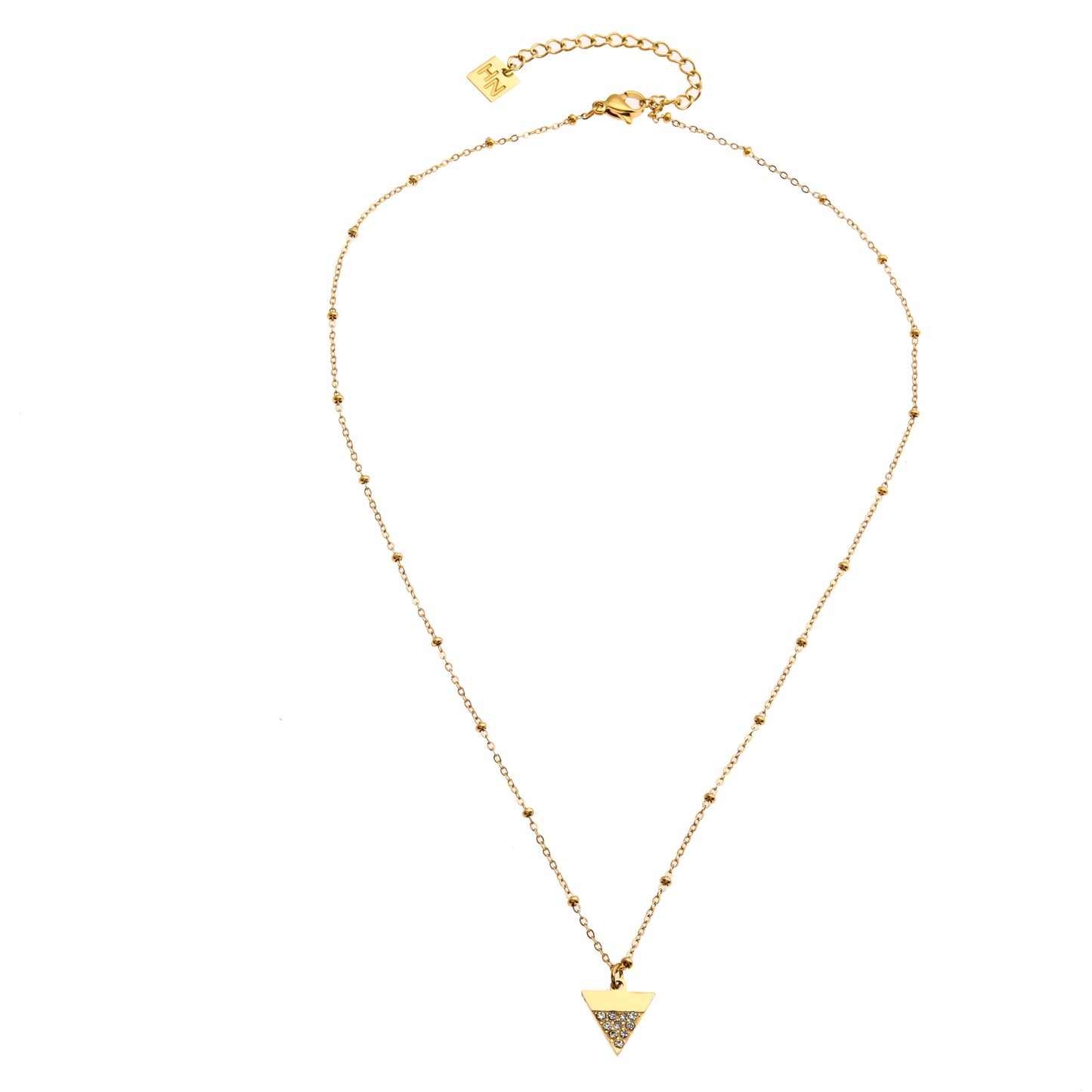 URIKA Beaded Chain Necklace with  Zirconia Pavé Triangle Pendant in Gold
