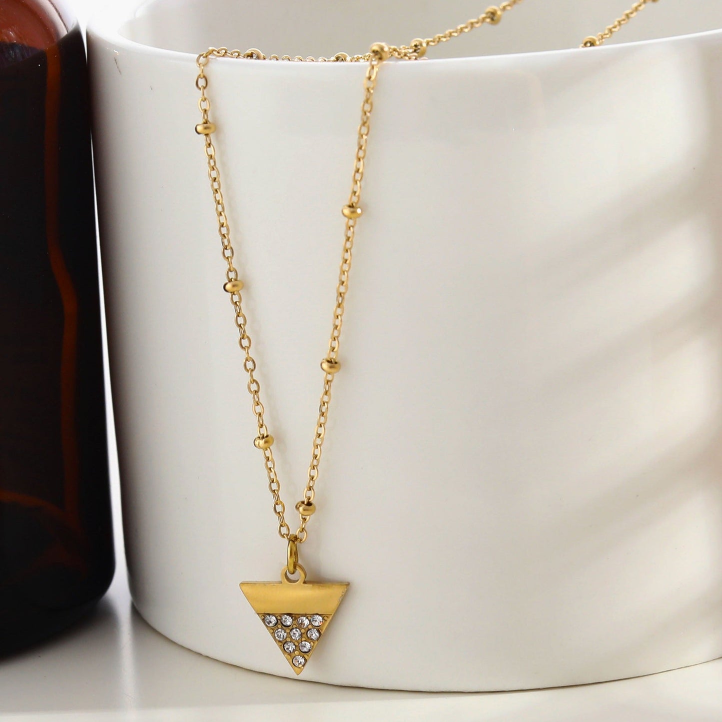 URIKA Beaded Chain Necklace with  Zirconia Pavé Triangle Pendant in Gold