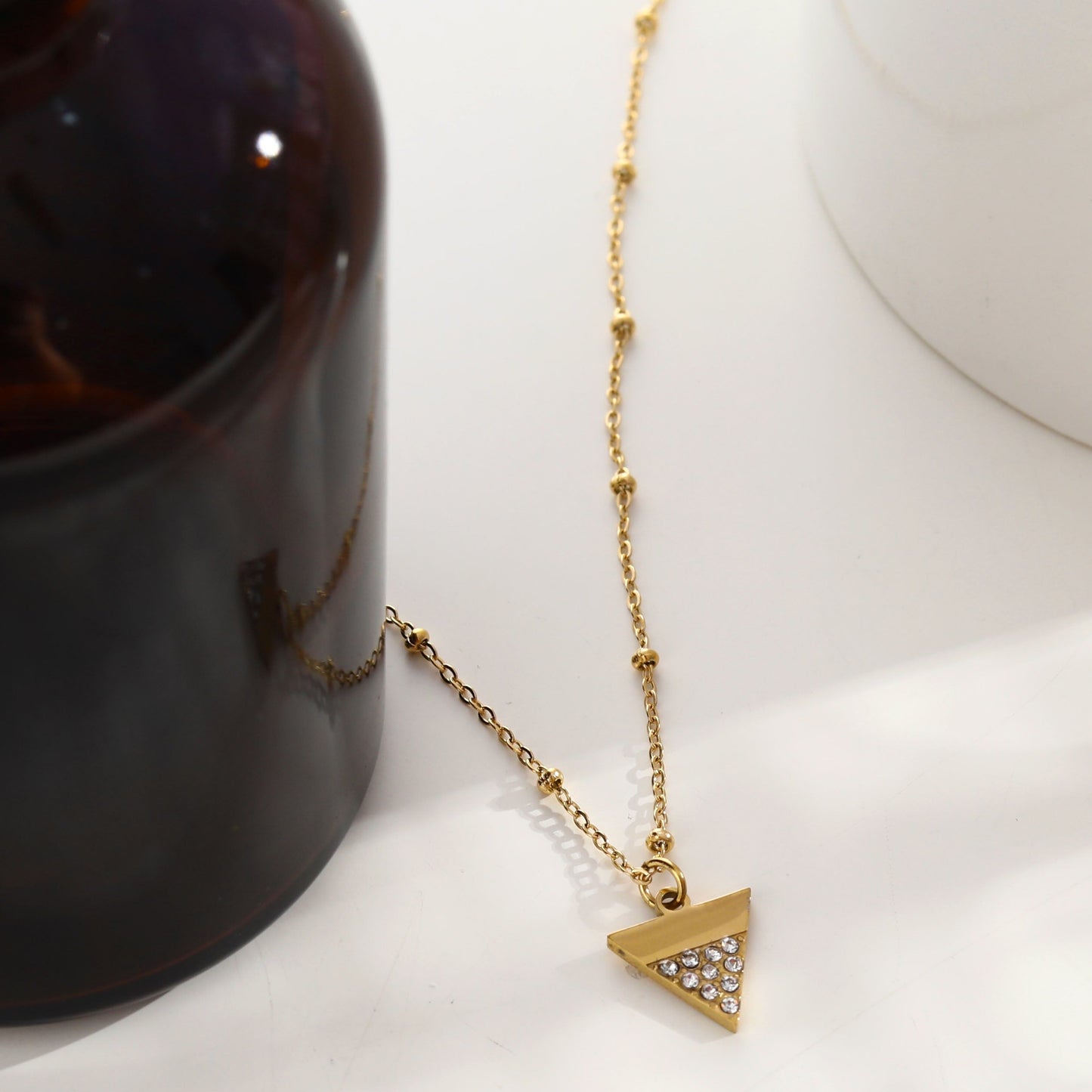 URIKA Beaded Chain Necklace with  Zirconia Pavé Triangle Pendant in Gold