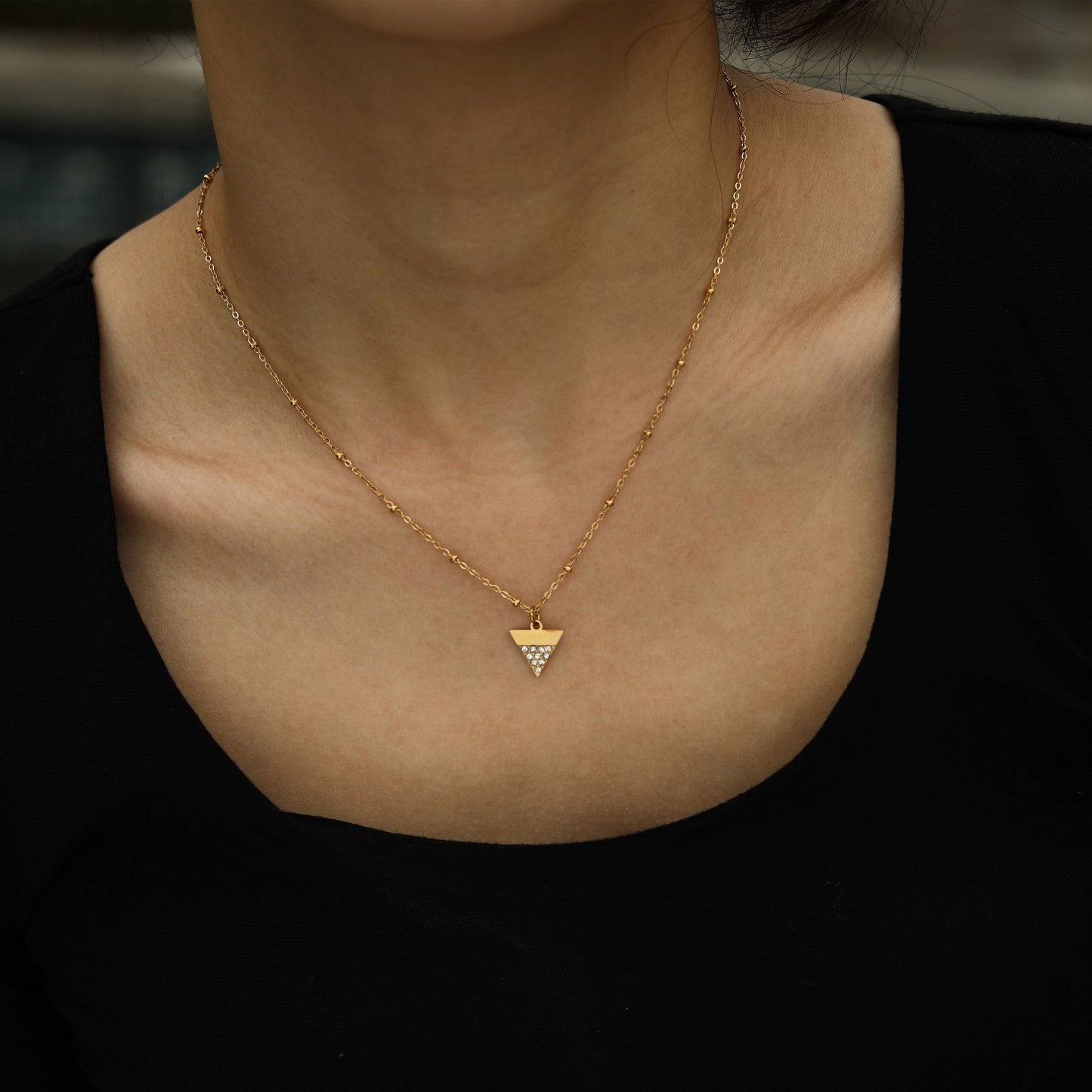 URIKA Beaded Chain Necklace with  Zirconia Pavé Triangle Pendant in Gold