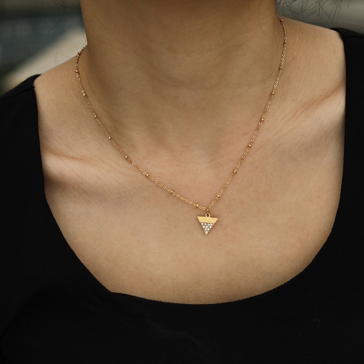 URIKA Beaded Chain Necklace with  Zirconia Pavé Triangle Pendant in Gold