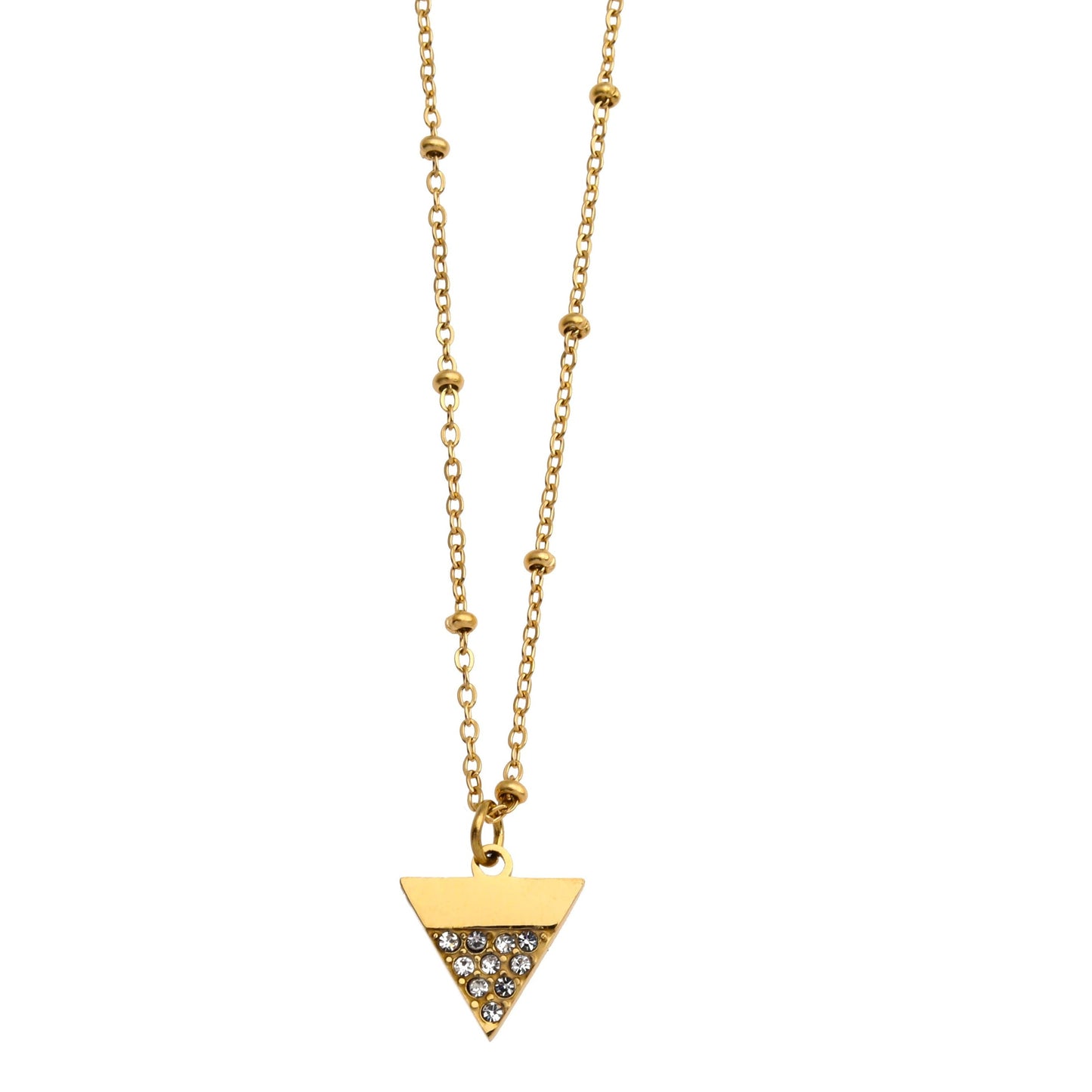 URIKA Beaded Chain Necklace with  Zirconia Pavé Triangle Pendant in Gold