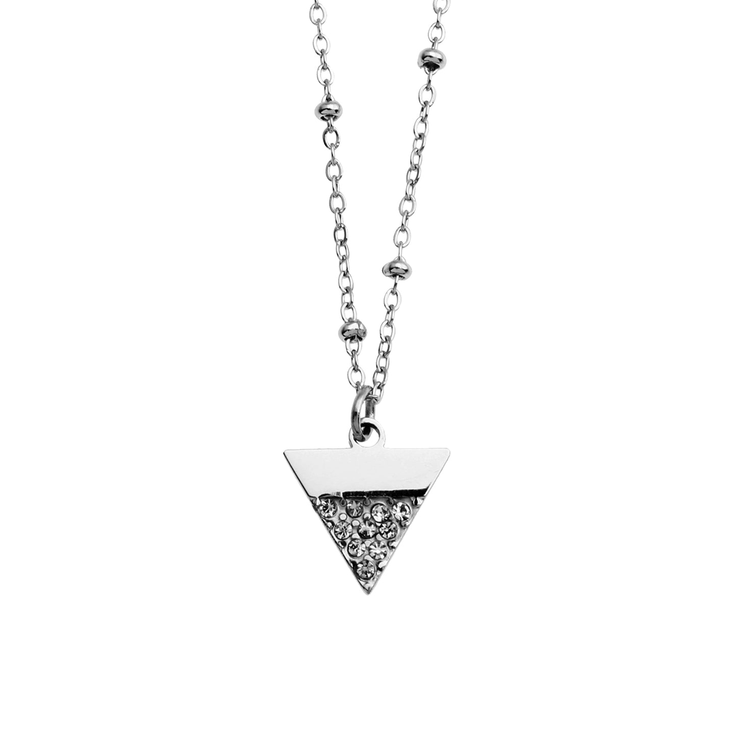 URIKA Beaded Chain Necklace with  Zirconia Pavé Triangle Pendant in Silver