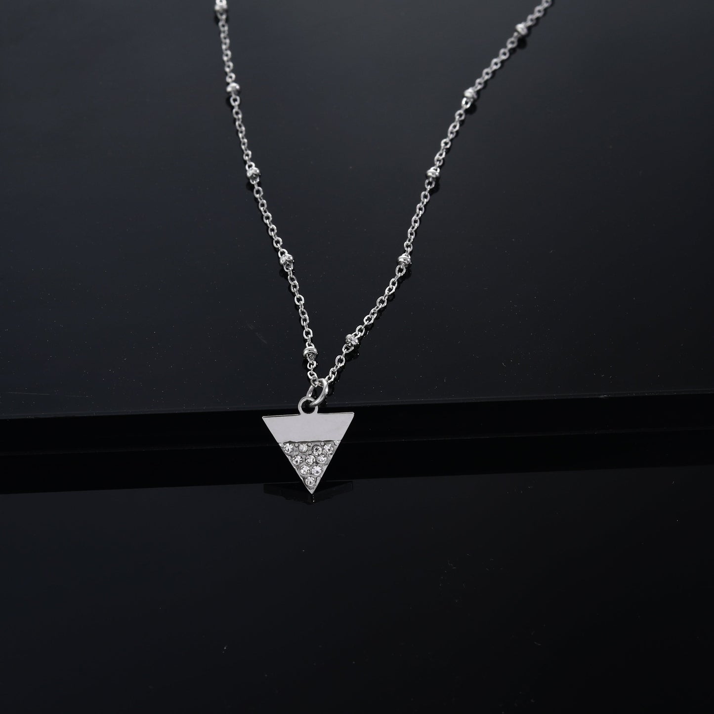 URIKA Beaded Chain Necklace with  Zirconia Pavé Triangle Pendant in Silver