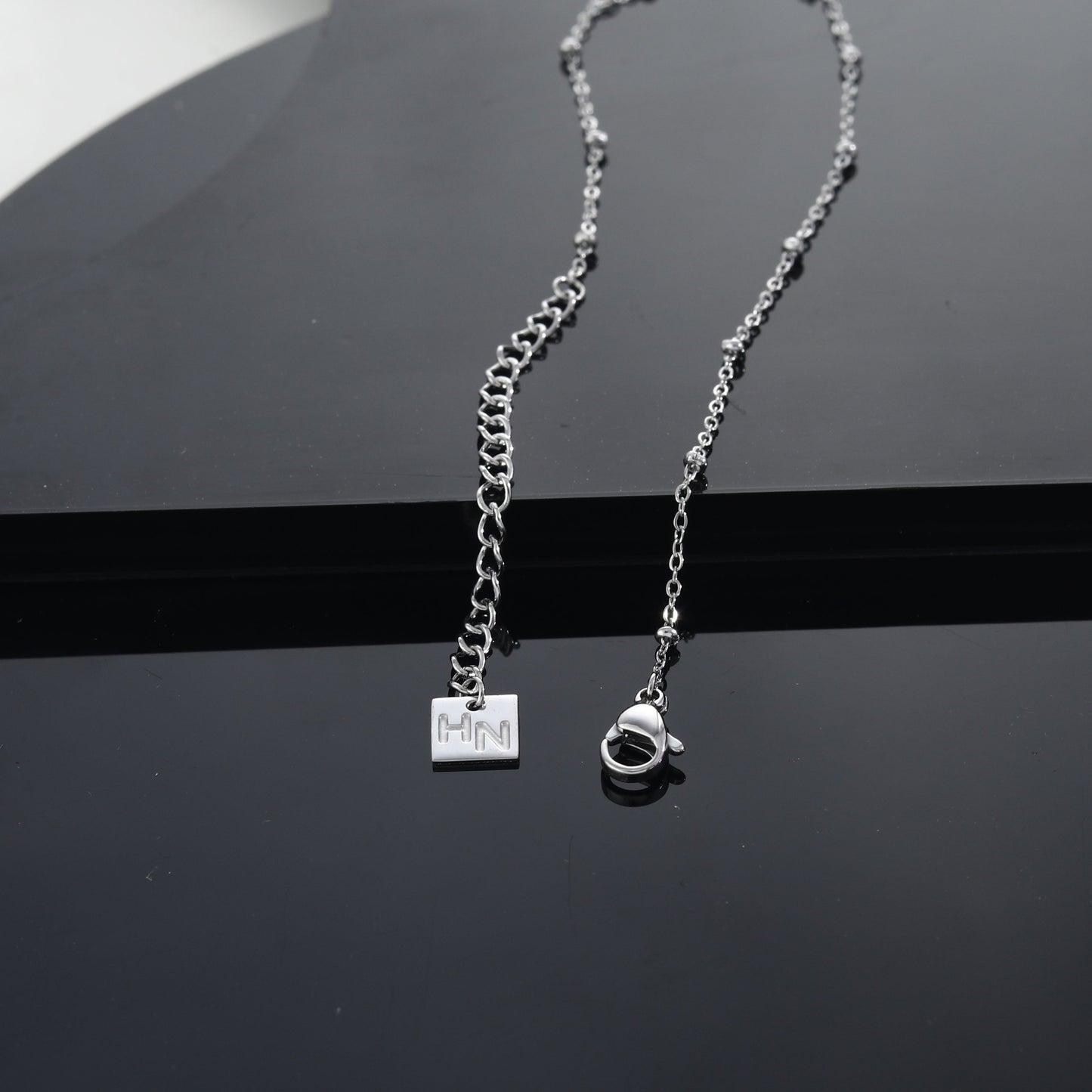 URIKA Beaded Chain Necklace with  Zirconia Pavé Triangle Pendant in Silver