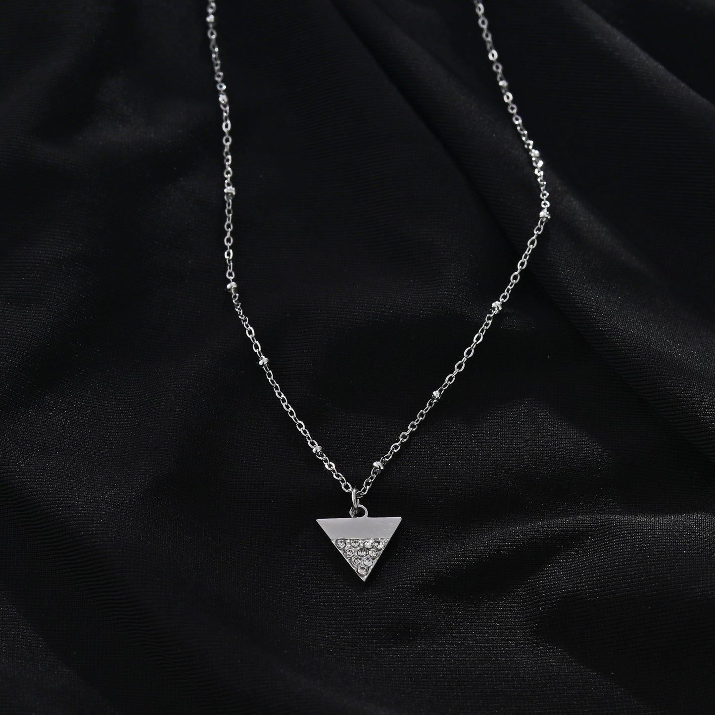 URIKA Beaded Chain Necklace with  Zirconia Pavé Triangle Pendant in Silver