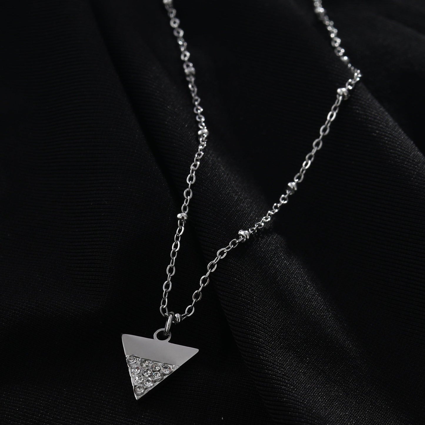 URIKA Beaded Chain Necklace with  Zirconia Pavé Triangle Pendant in Silver