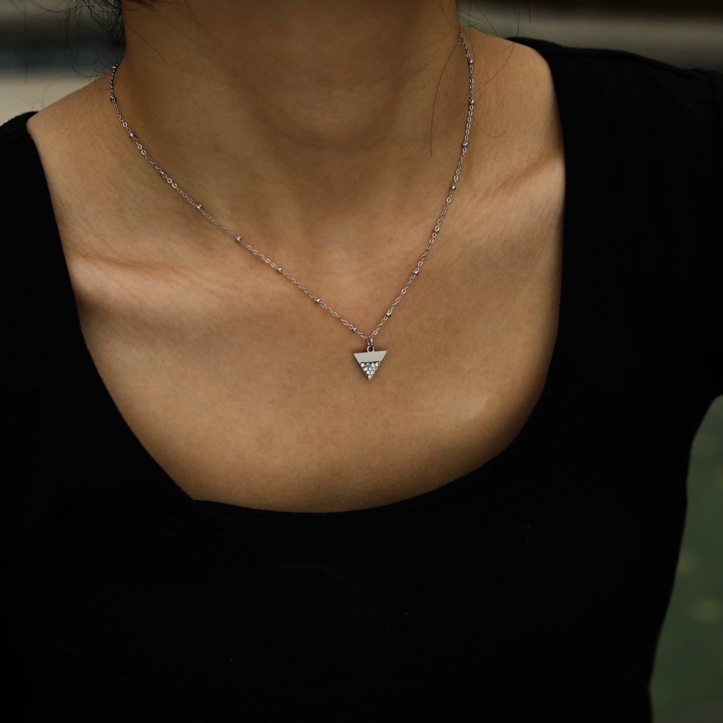 URIKA Beaded Chain Necklace with  Zirconia Pavé Triangle Pendant in Silver
