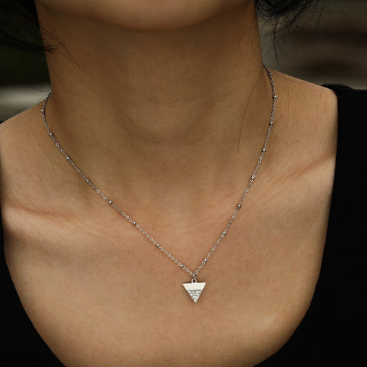 URIKA Beaded Chain Necklace with  Zirconia Pavé Triangle Pendant in Silver