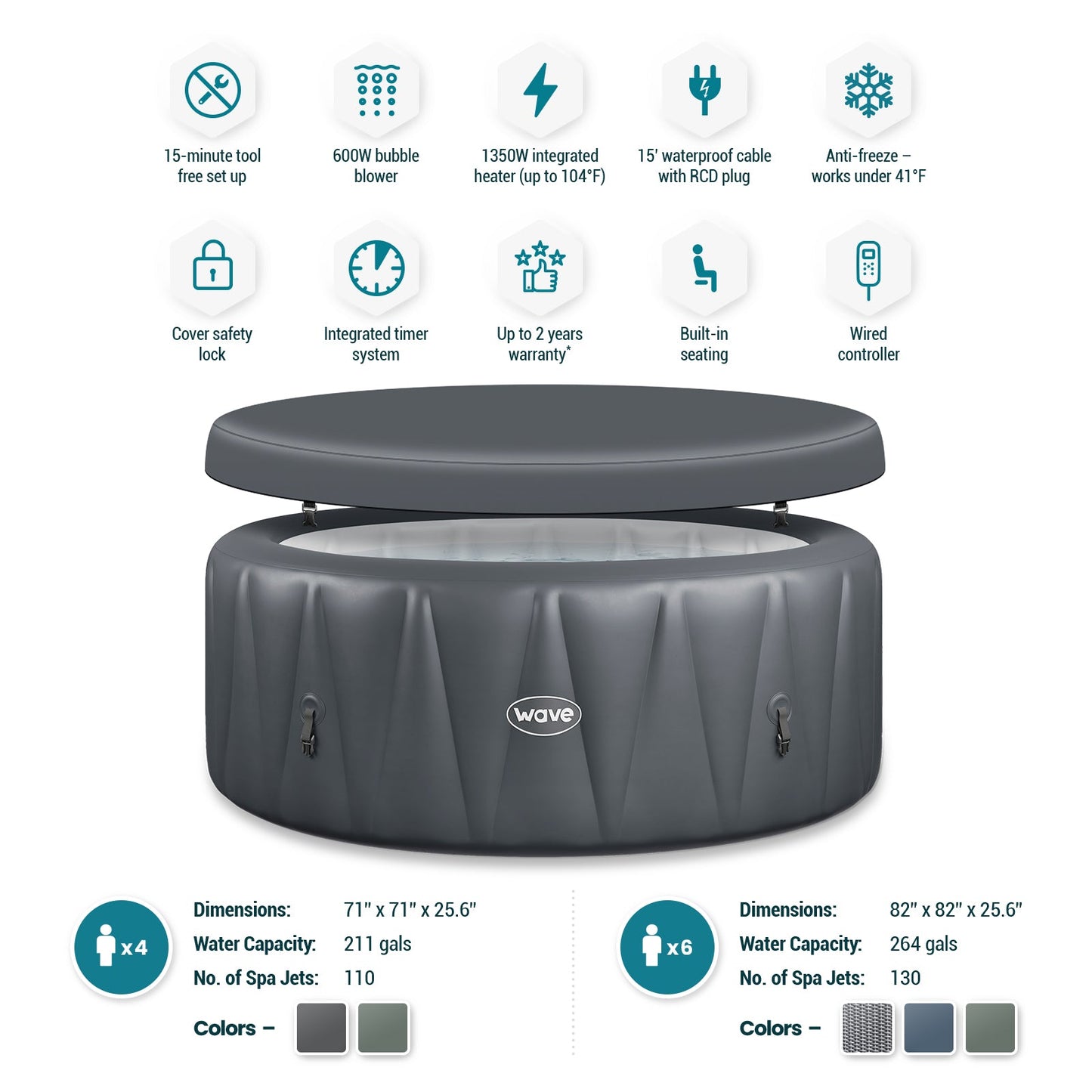 Wave | Atlantic | 4/6-Person Inflatable Hot Tub | Round | Integrated Heater