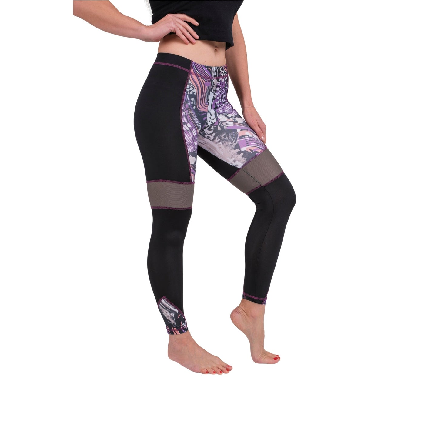 BoldMesh Sculpt Yoga Leggings – Black & Violet Pattern (Breathable Fit)