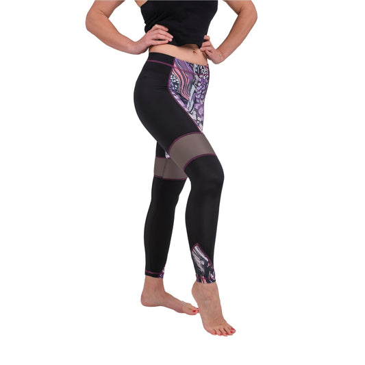 BoldMesh Sculpt Yoga Leggings – Black & Violet Pattern (Breathable Fit)