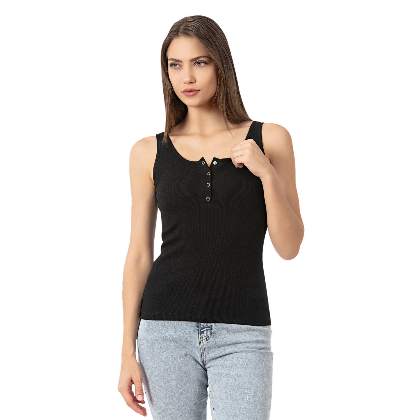 Women’s Ribbed Cotton Tank Top with Snap-Button Detail