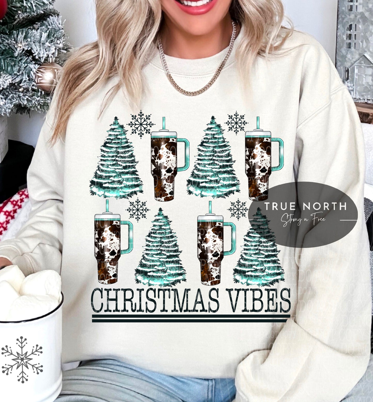 Sweatshirt or T-Shirt Christmas Cow Print With Trees Flaking Jumbo .