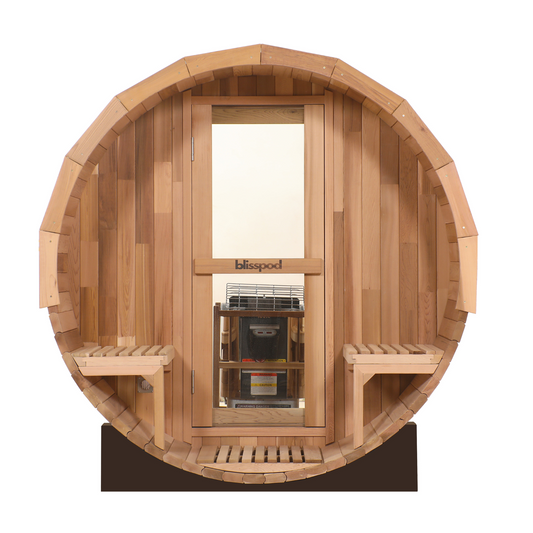 Blisspod | Prague | Canadian Red Cedar Outdoor Steam Barell Sauna, 2-4 / 4-6 persons with Full Glass Back & 2 front Porch seats