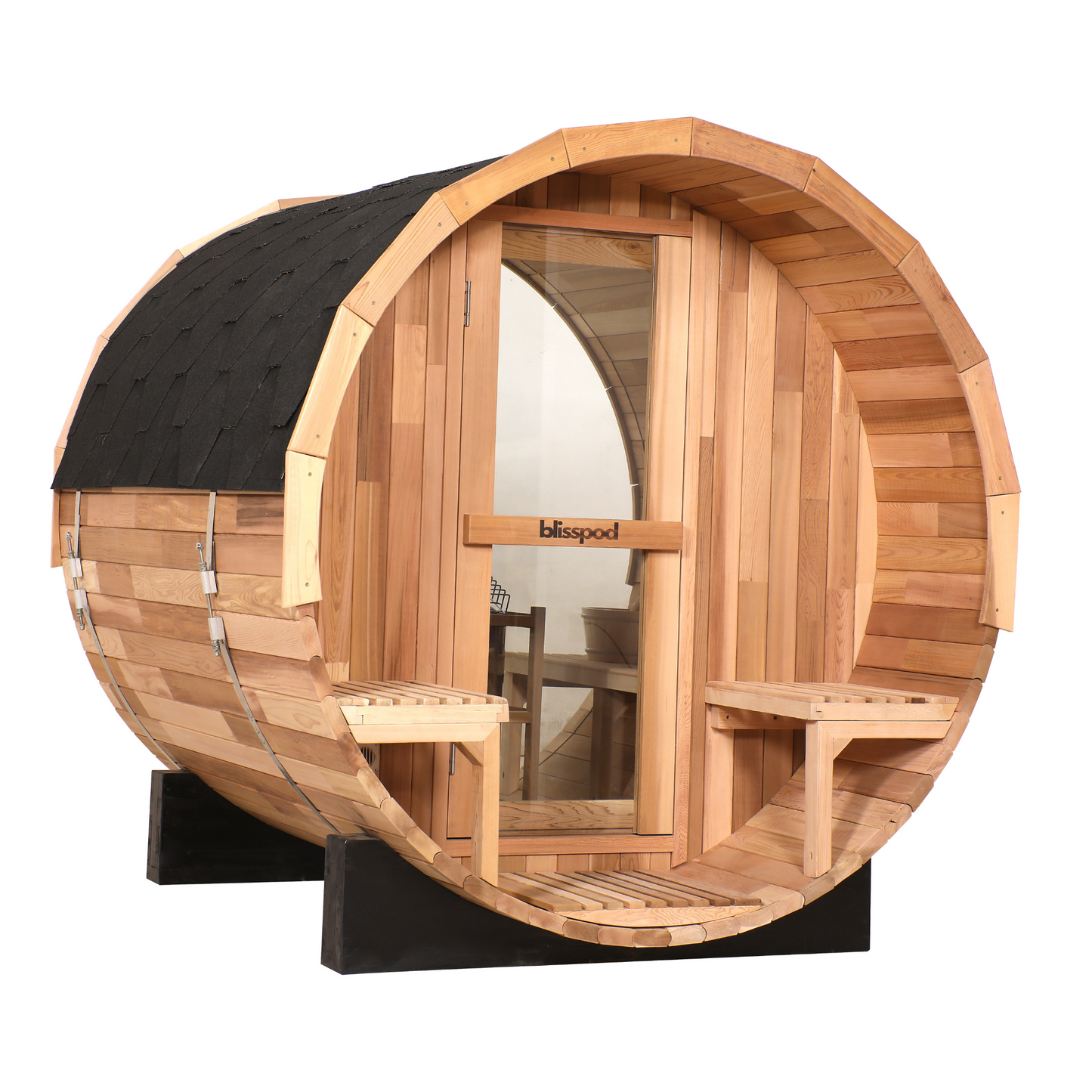 Blisspod | Prague | Canadian Red Cedar Outdoor Steam Barell Sauna, 2-4 / 4-6 persons with Full Glass Back & 2 front Porch seats