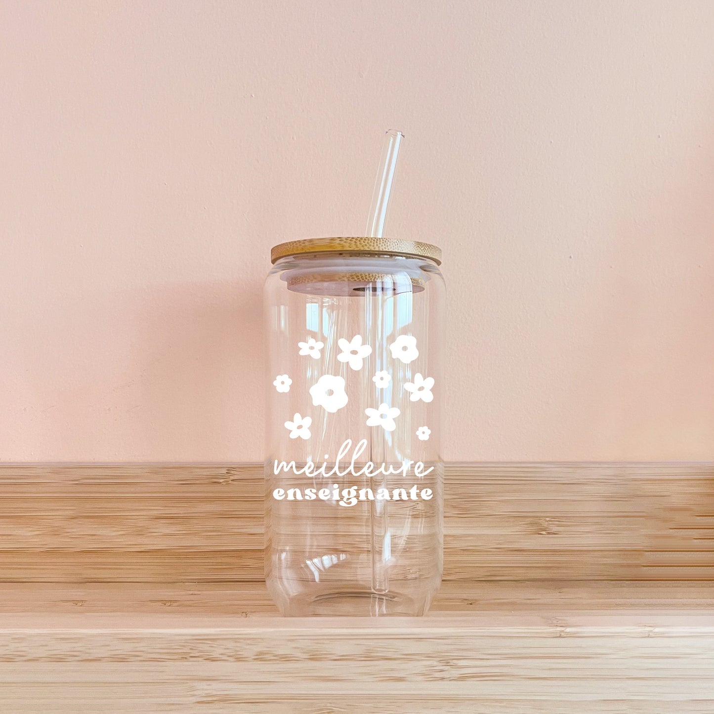 Verre - meilleure enseignante fleurs blanches