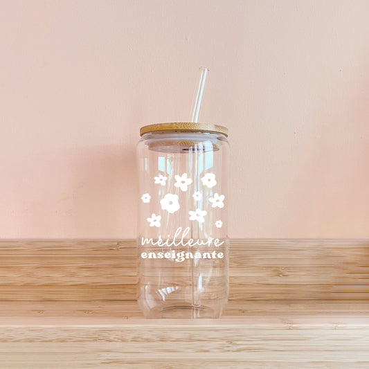 Verre - meilleure enseignante fleurs blanches