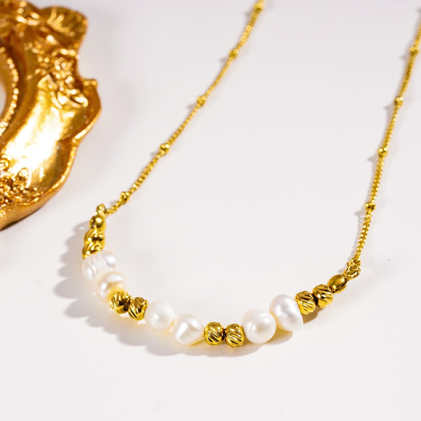 VILJA: Gilded Harmony Chain Necklace with Gold Beads and Freshwater Pearls