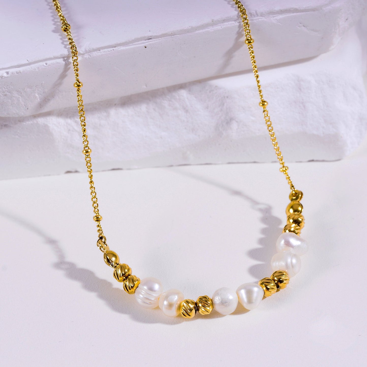 VILJA: Gilded Harmony Chain Necklace with Gold Beads and Freshwater Pearls