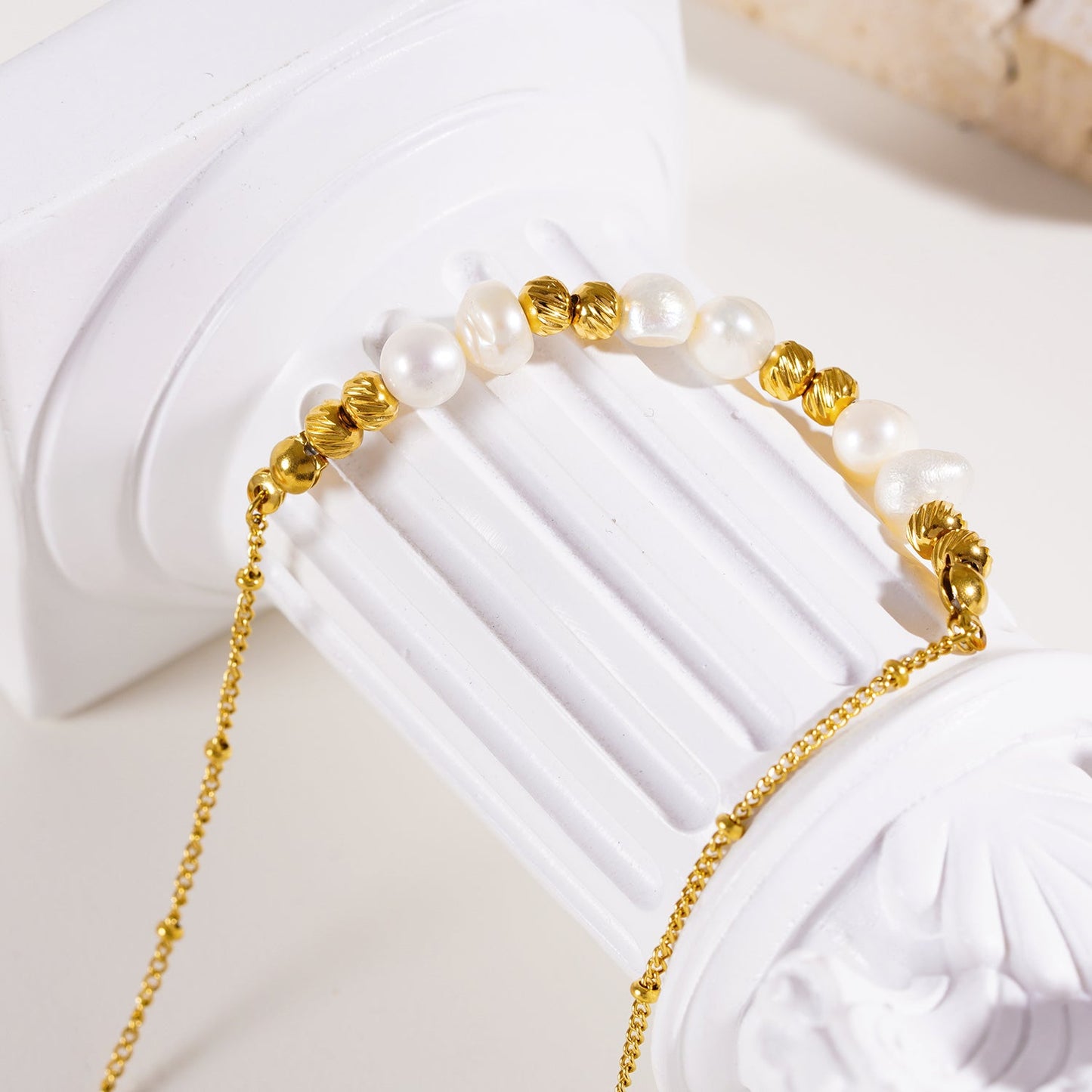 VILJA: Gilded Harmony Chain Necklace with Gold Beads and Freshwater Pearls