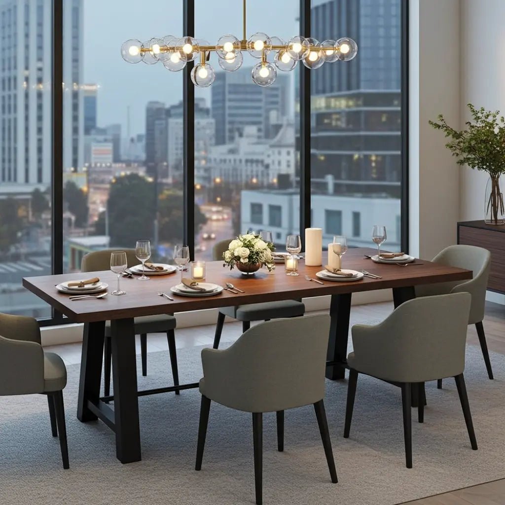 Table à diner industrielle style Établie patte en acier noir avec plateau en acacia