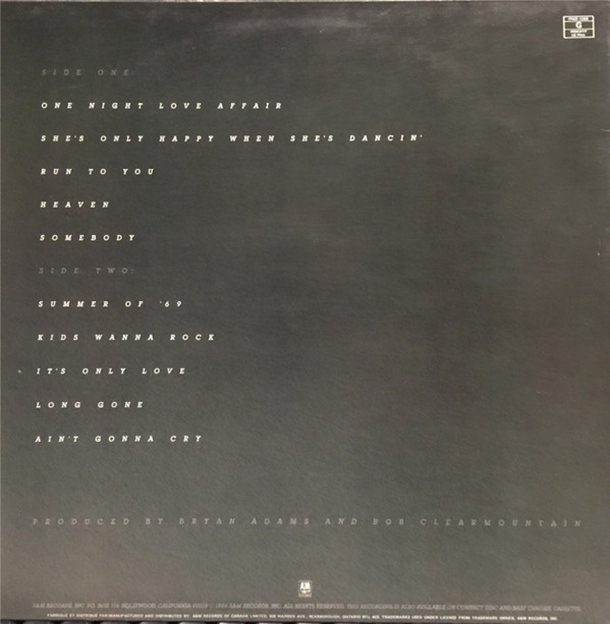 Bryan Adams ‎– Reckless - 1984 Original