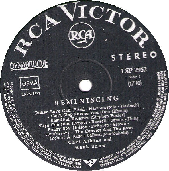 Chet Atkins et Hank Snow – Souvenirs – Pressage allemand de 1964