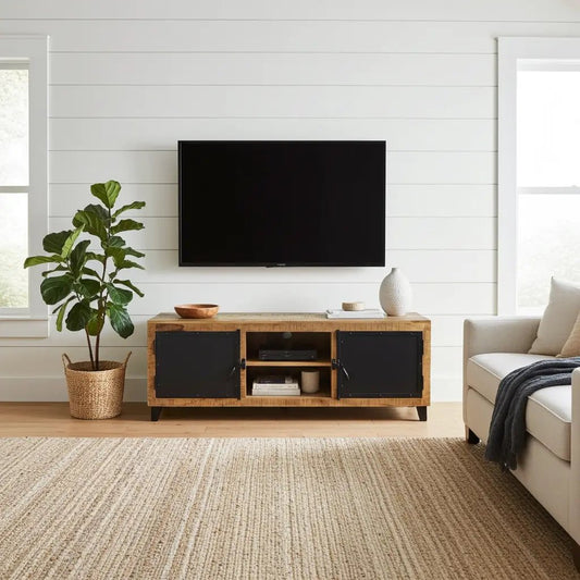 Meuble Télé bois de manguier avec porte d'acier noir