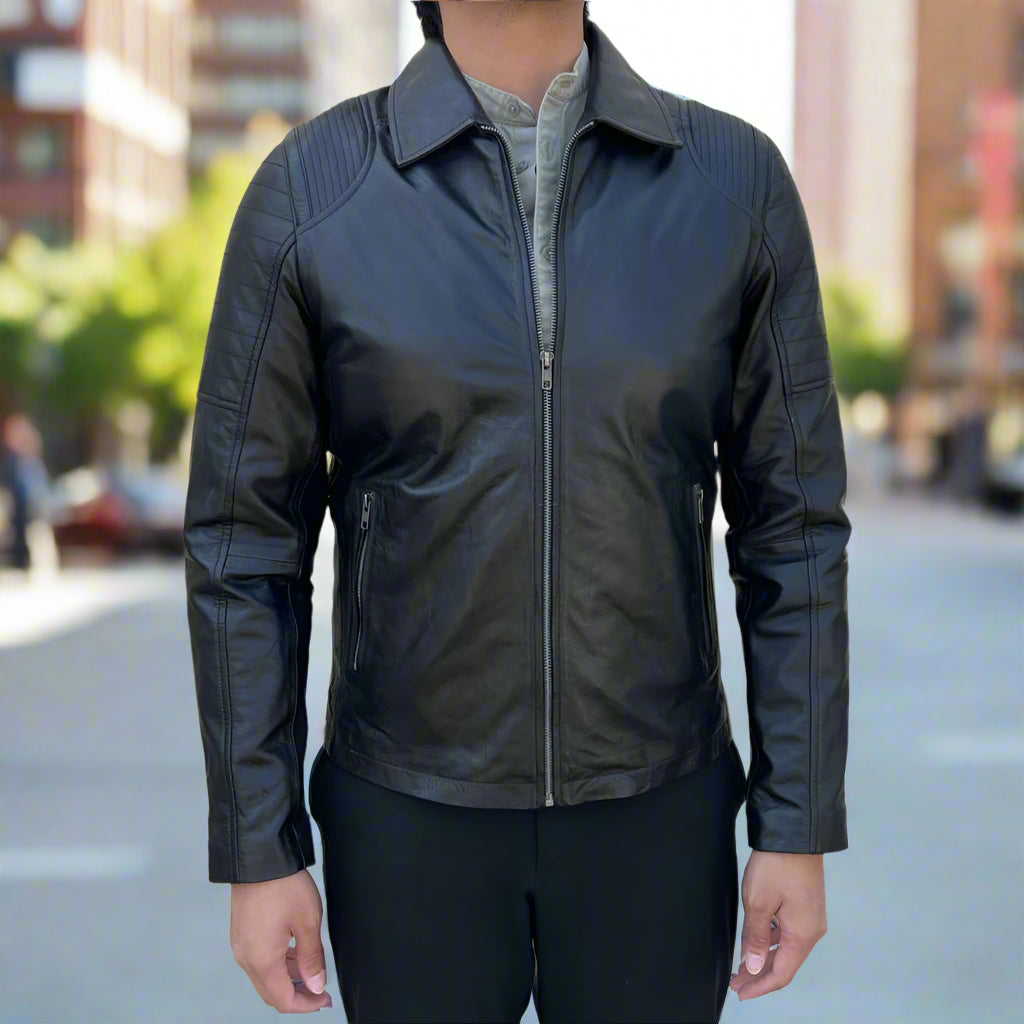 Men's Sheep Leather Jacket. Classic Quilted Shoulder Design with 2 Pockets