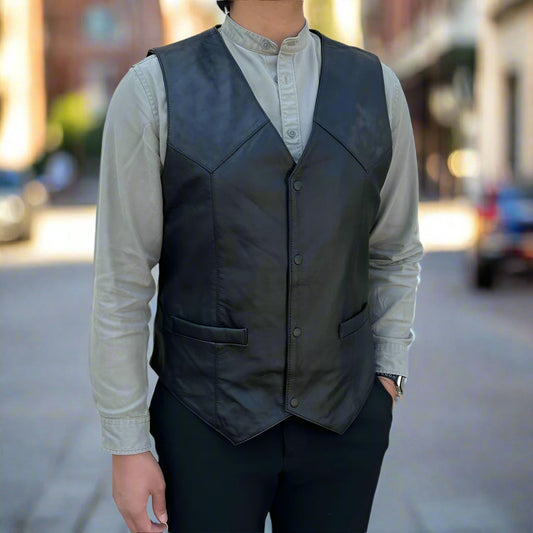 Men's Sheep Leather Vest. Snap Closure & Front Pockets