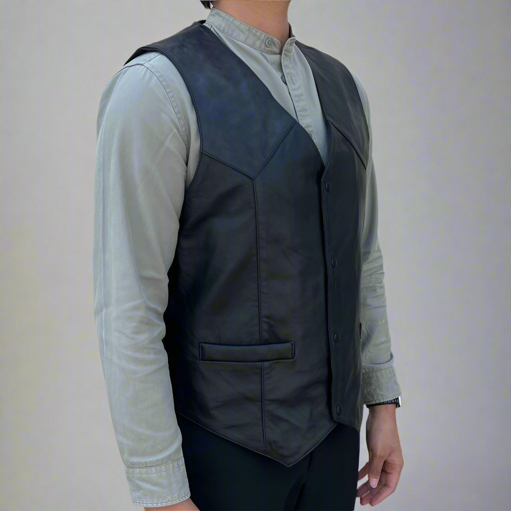 Men's Sheep Leather Vest. Snap Closure & Front Pockets
