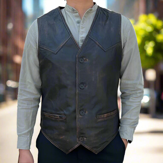Men's Sheep Leather Ruboff Vest. Classic Button Closure & Front Pockets