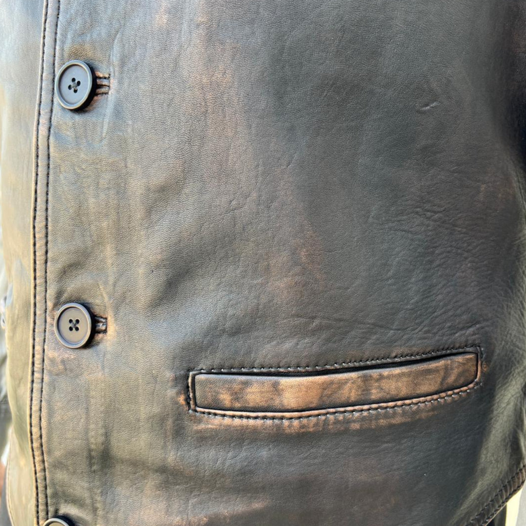 Men's Sheep Leather Ruboff Vest. Classic Button Closure & Front Pockets