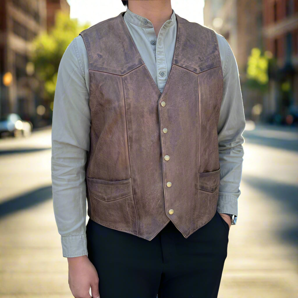 Men's Cow Leather Vest. Classic Style with Snap Closure & Front Pockets