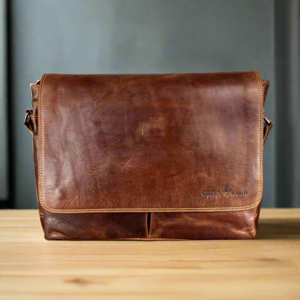 Greenwood Leather Laptop Bag. Premium Waxed Full-Grain Leather Briefcase for 16" Laptops
