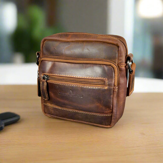 Greenwood Leather Mini-Messenger Bag. Compact Wax Pull-Up Leather Bag for Urban Adventures