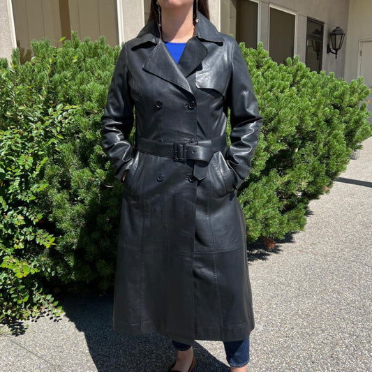 Women's Classic Leather Trench Coat. Double-Breasted Button Closure with Adjustable Belt