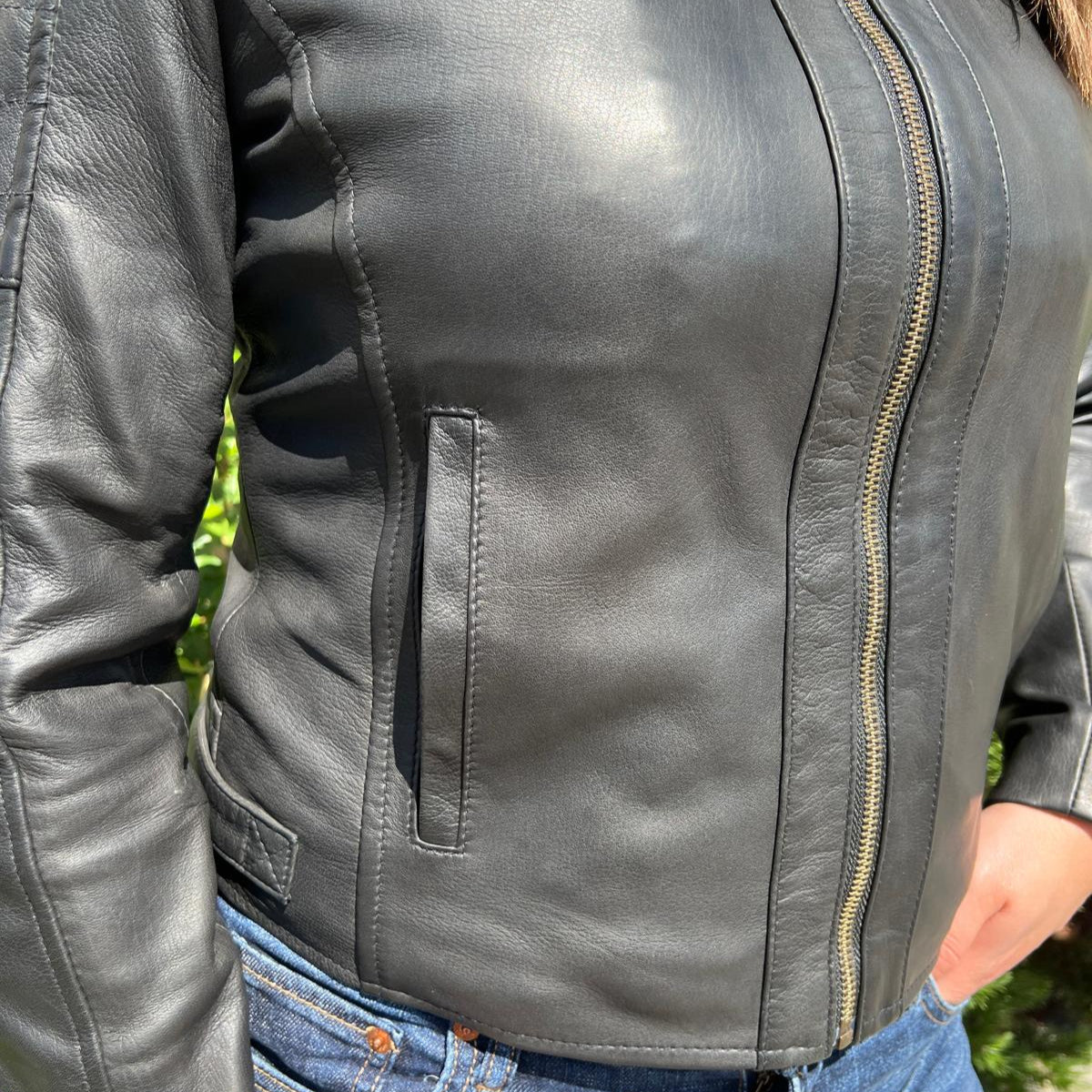 Women's Sheep Leather Jacket with Stitched Shoulders